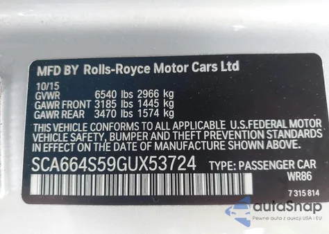 2016 Rolls-Royce Ghost из США, поврежденный, VIN SCA664S59GUX53724